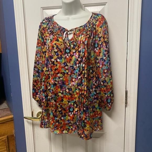 Spense woman multicolor satin blouse 
Button front gathering v-neck - Picture 1 of 10